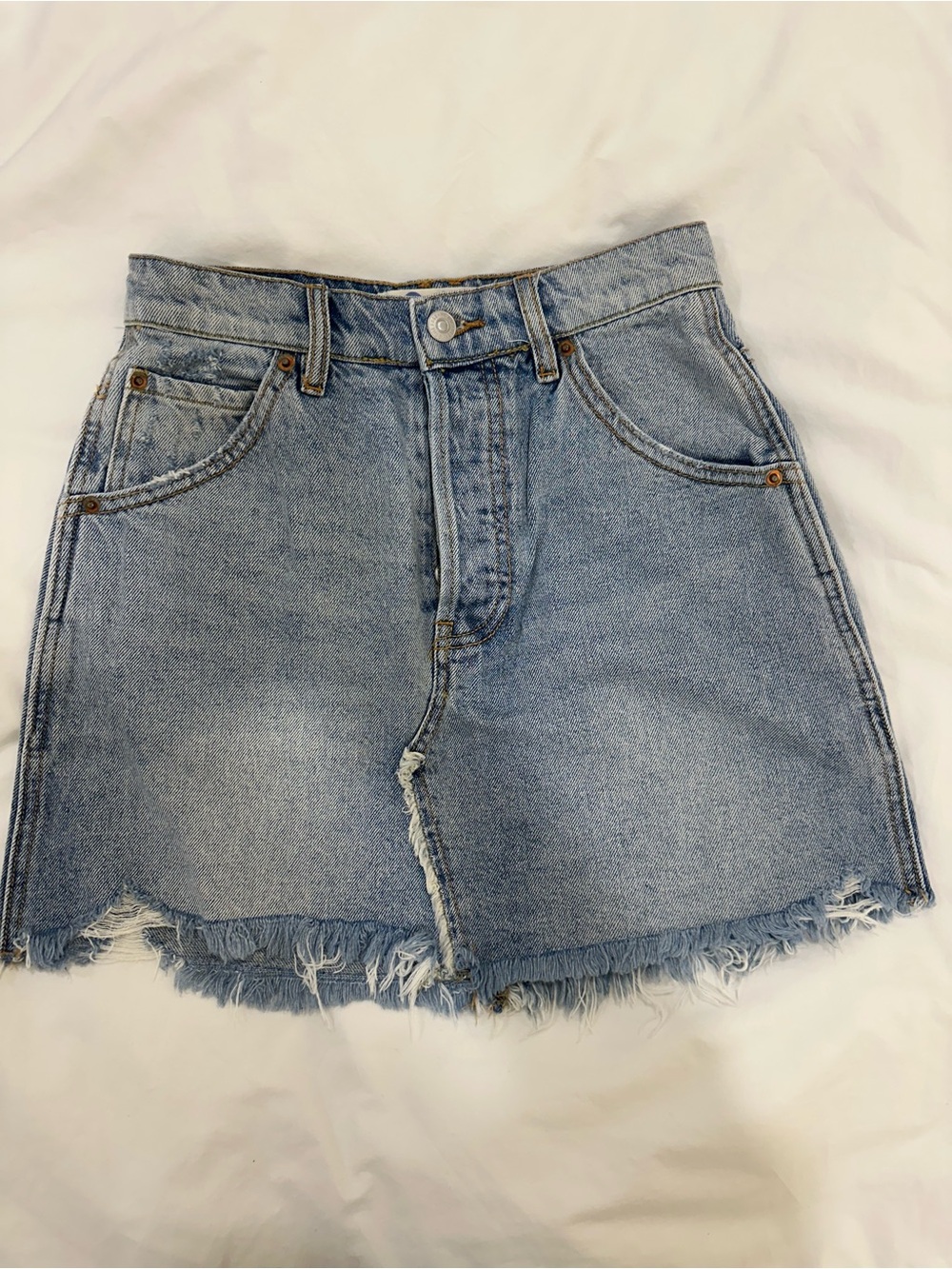 We The Free Light Blue Distressed Denim Mini Skirt